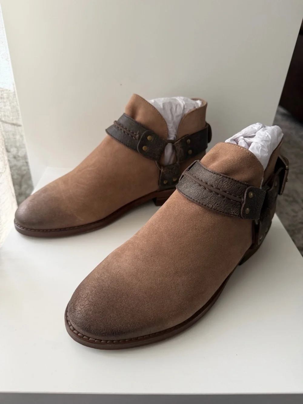FREE PEOPLE Belle Harness Boots - Size 8 - Fawn Suede Boho Western Ankle Boots